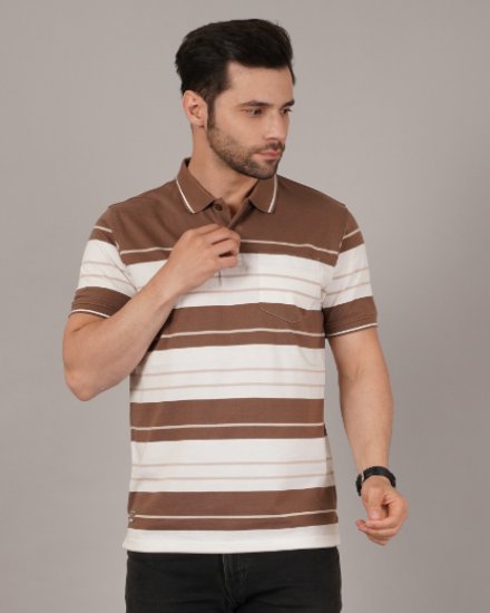 DAVNO Men’s Brown & White Horizontal Striped Polo T-Shirt