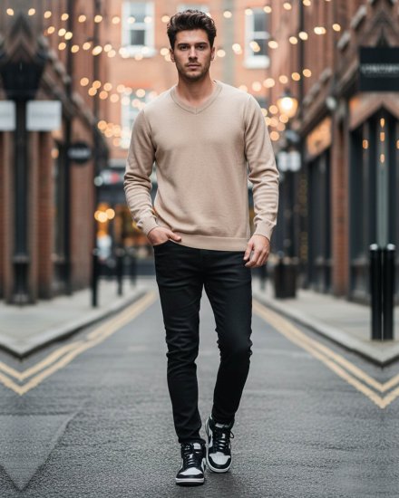 Men’s Beige V-Neck Sweater – Classic Knitwear Essential