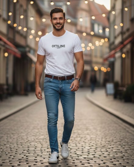 Men’s Premium White “OFFLINE” Printed Round Neck T-Shirt