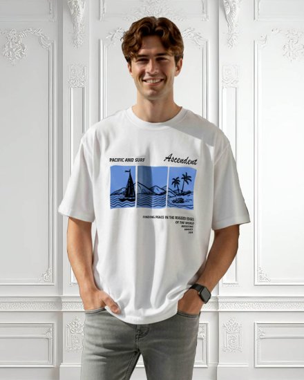 Men’s Premium Off-White Pacific Surf Print Oversized T-Shirt