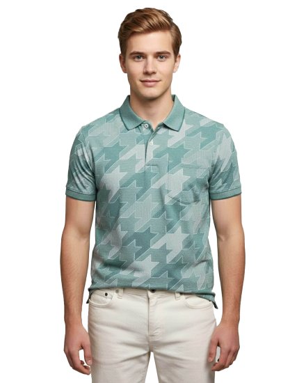 Men’s Premium Blue Houndstooth Graphic Print Polo Neck T-Shirt