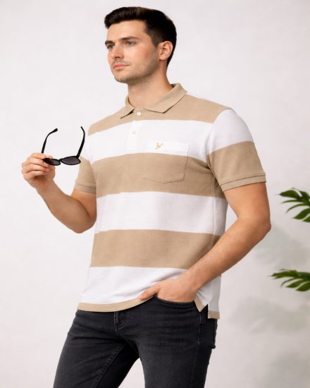 Men’s Beige & White Striped Polo T-Shirt