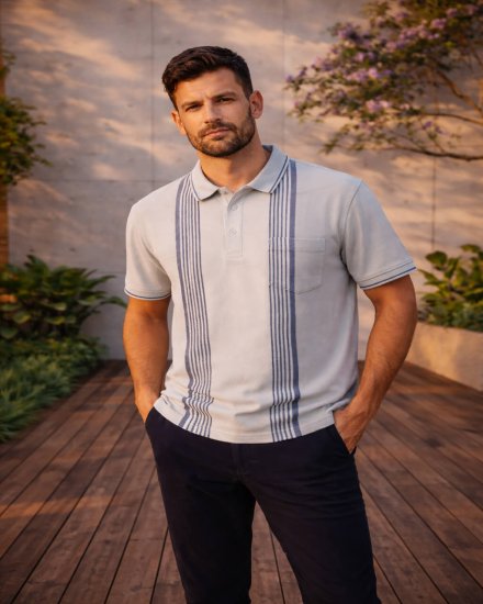 Men’s Light Grey Striped Polo T-Shirt with Pocket