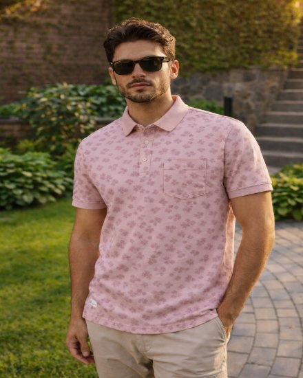 Men’s Pink Floral Print Polo T-Shirt with Pocket