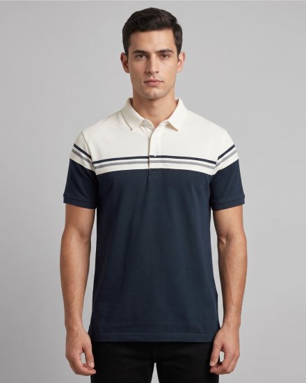 Men's Navy Blue & Cream Colorblocked Polo T-Shirt