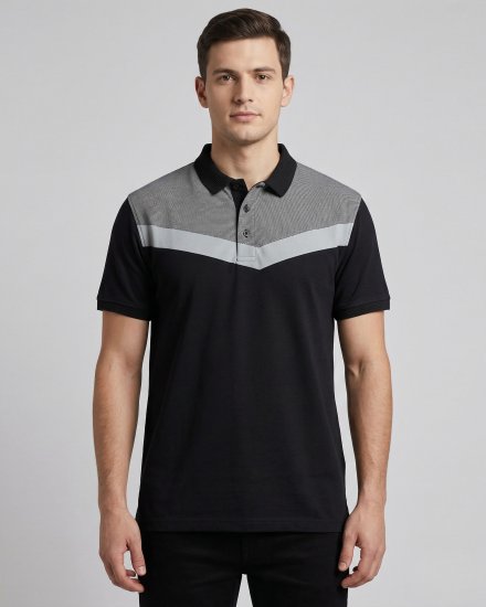 Men's Stealth Black Geometric Chevron Polo T-Shirt
