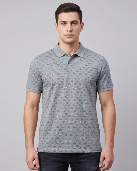 Men's Steel Grey Micro-Geometric Printed Polo T-Shirt