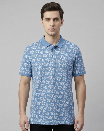 Men's Sky Blue Botanical Leaf Print Cotton Polo T-Shirt