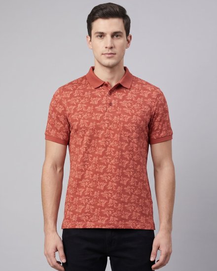 Men's Rust Orange Leaf-Printed Cotton Blend Polo T-Shirt