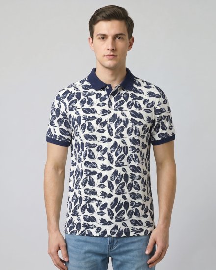 Men's Navy Blue & Off-White Leaf-Printed Cotton Blend Polo T-Shirt