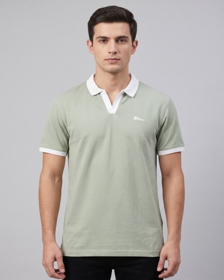 Men's Sage Green Solid Cotton Blend Polo T-Shirt