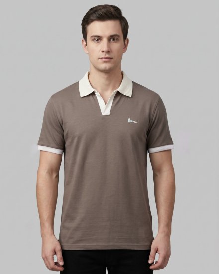 Men's Taupe Brown Solid Cotton Blend Polo T-Shirt