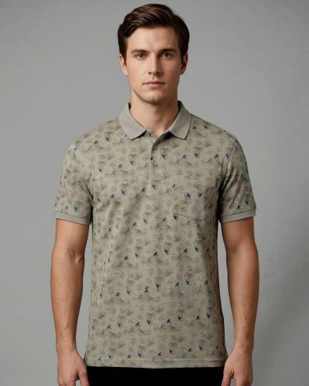 Men's Olive Green Starburst-Printed Cotton Blend Polo T-Shirt