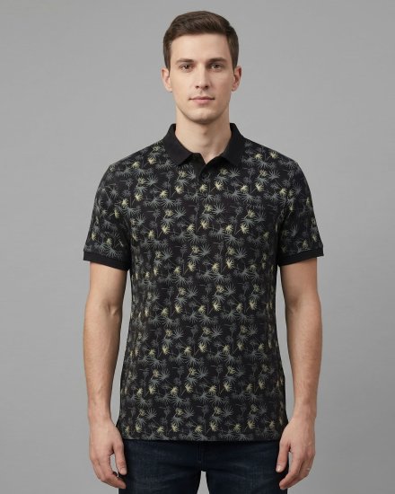 Men's Black Starburst-Printed Cotton Blend Polo T-Shirt