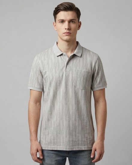 Men's Light Grey Abstract-Printed Cotton Blend Polo T-Shirt