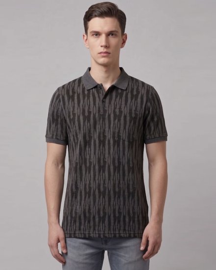 Charcoal Grey Abstract Print Polo T-Shirt