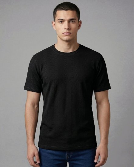 Men's Black Geometric Jacquard Textured Crew Neck T-Shirt