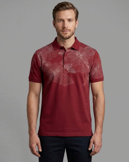 Men's Maroon Floral Yoke Print Polo T-Shirt