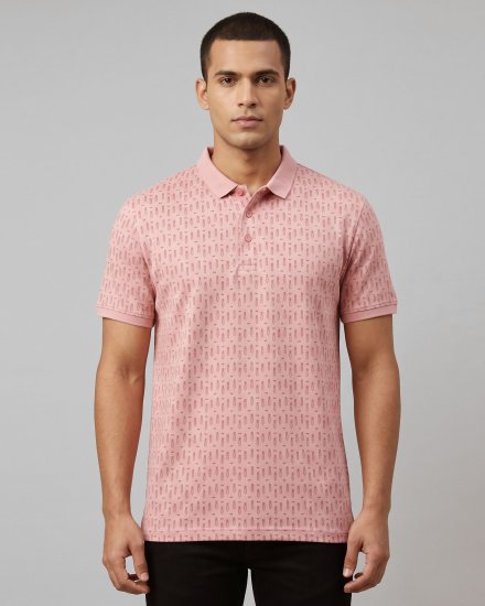 Men's Pink with All-Over Print Pique Textured Casual Polo T-Shirt
