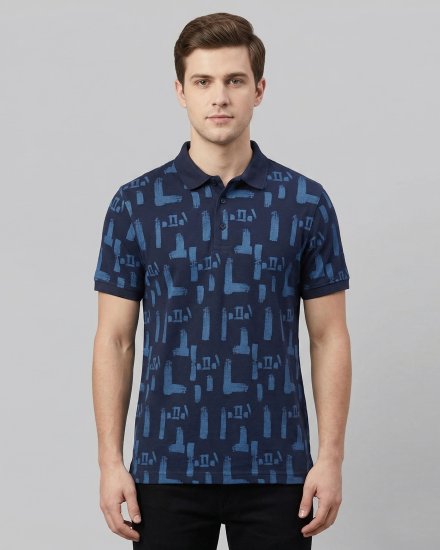 Men's Blue with All-Over Print Pique Textured Casual Polo T-Shirt