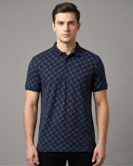 Men's Navy Blue with All-Over Print Pique Textured Casual Polo T-Shirt