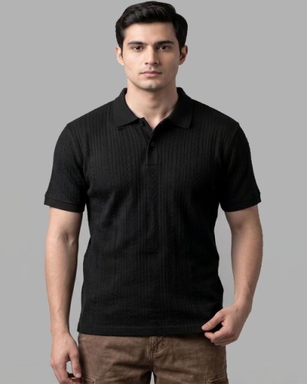 Men's Black Jacquard with Waffle Knit Textured Casual Polo T-Shirt