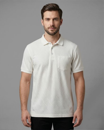 Men's Off White Jacquard with Waffle Knit  Polo T-Shirt