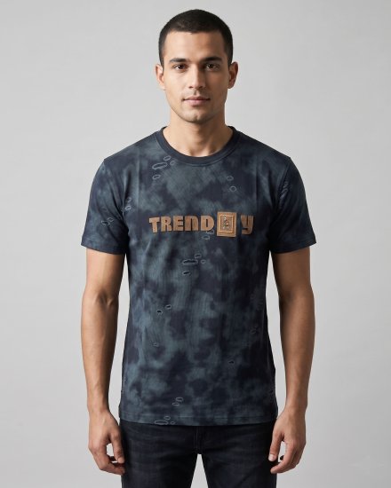 Men's Navy Tie-Dye Wash with Distressed Details Casual Graphic T-Shirt