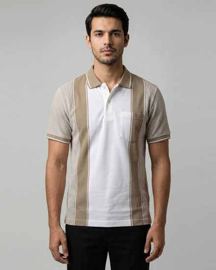 Men's Beige & White Panel Striped Pique Textured Casual Polo T-Shirt