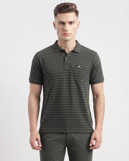 Men's Dark Olive Green with Horizontal Stripes  Popcorn Textured  T-Shirt