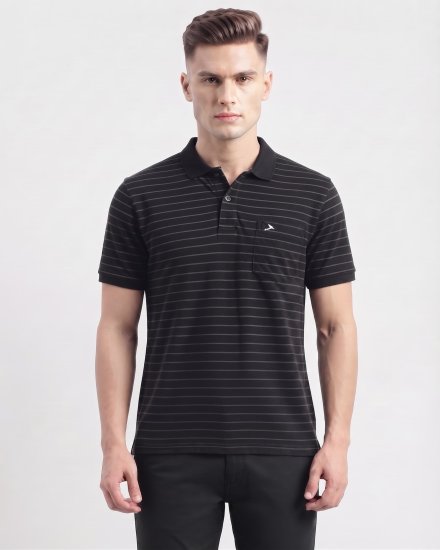 Men's Black with Horizontal Stripes Popcorn Textured polo T-Shirt