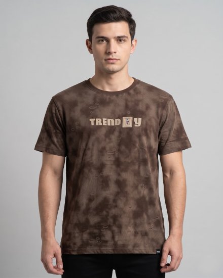 Men's Deep Brown Tie-Dye Distressed Graphic T-Shirt