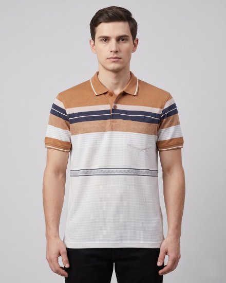 Men's Rust & Off-White Striped Half-Sleeve Polo T-Shirt with Pocket