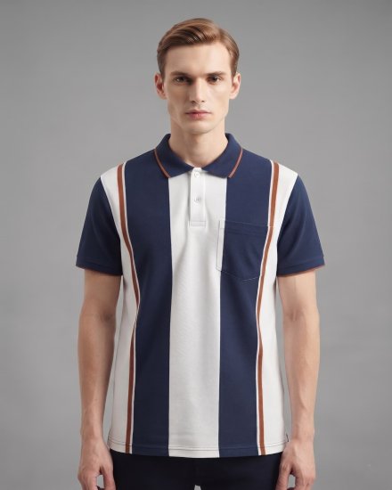 Men's Navy Blocked Vertical Striped Polo T-Shirt with Pocket