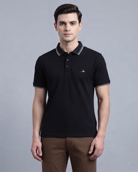 Men's Black Solid Polo Collar T-Shirt with Striped Trim