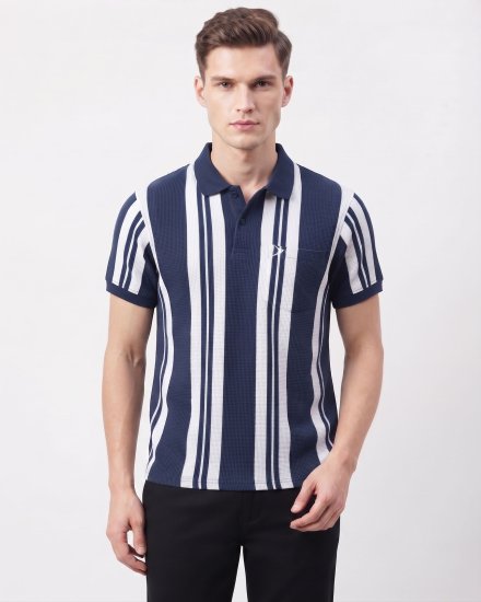 Men's Airforce Blue & White Vertical Striped Waffle Knit Polo Shirt with Chest Pocket