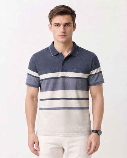 Men's Navy Colorblocked & Striped Regular Fit Polo Collar T-Shirt with Chest Pocket