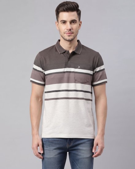 Men coffee & Off-White Colorblocked Striped Polo Collar T-Shirt