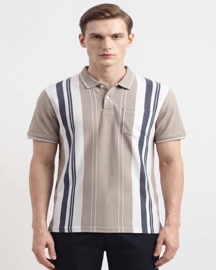 Men Mouse & Navy Blue Vertical Striped Polo Collar T-Shirt