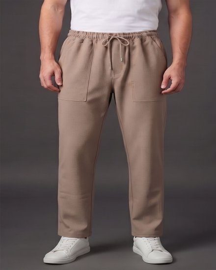 Men's Fawn Textured Casual Drawstring Trousers with Utility Pockets