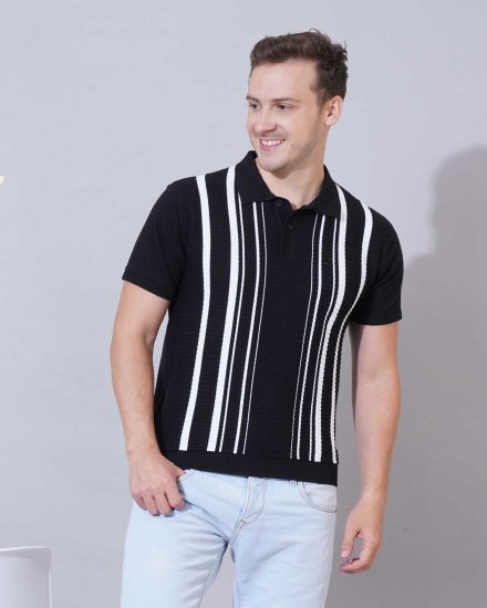 Men's Black & White Striped Polo Knit Shirt