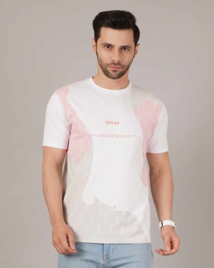Men’s White & Pink Abstract Print Crew Neck T-Shirt