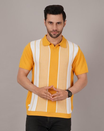 DAVNO Men’s Yellow & White Striped Knitted Polo T-Shirt