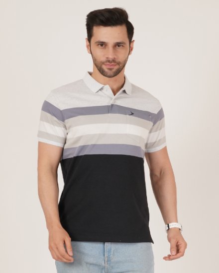 DAVNO Men’s Grey & Black Horizontal Stripe Polo T-Shirt