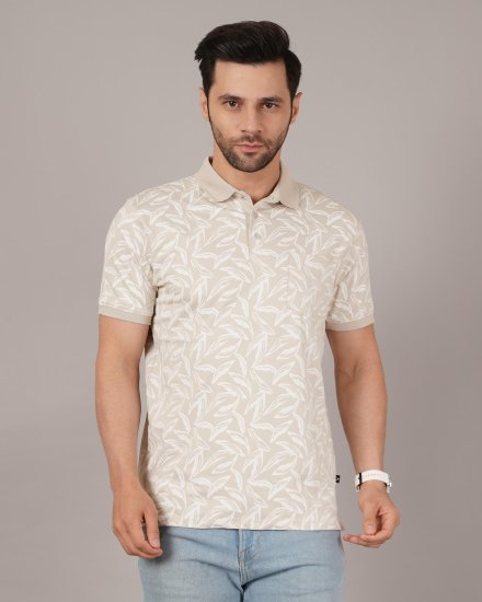 DAVNO Men’s Beige Leaf Print Polo T-Shirt