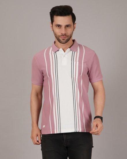 DAVNO Men’s Mauve & White Vertical Stripe Polo T-Shirt