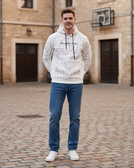 Men's White "GAME ON!" Printed Hoodie
