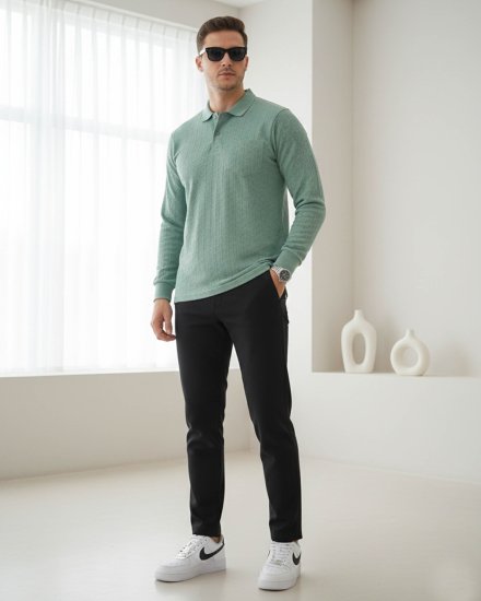 Men’s Textured Mint Green Full-Sleeve Polo T-Shirt
