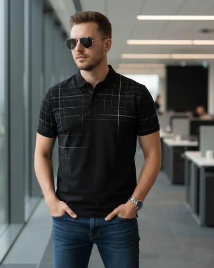 Men’s Black Grid-Print Polo T-Shirt