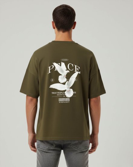 Men’s Premium Olive Green Flying Dove Graphic Print Oversized T-Shirt